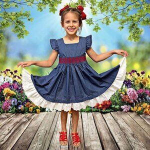 Pilluela Girls Vintage Fit & Flare Dress Polka Dot Smocked Embroidered Lace Trim